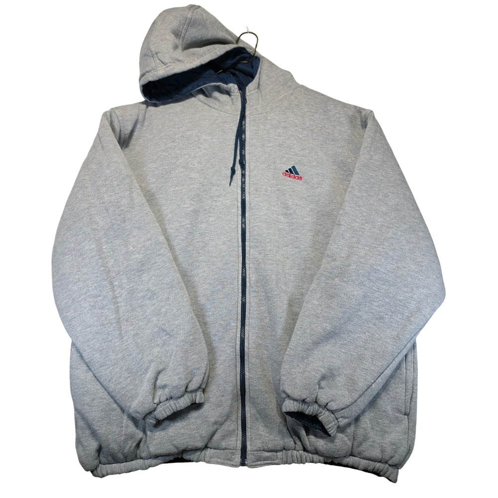 Vintage Adidas Reversible Hooded Jacket Mens Large Gray Fleece Navy Blue Nylon